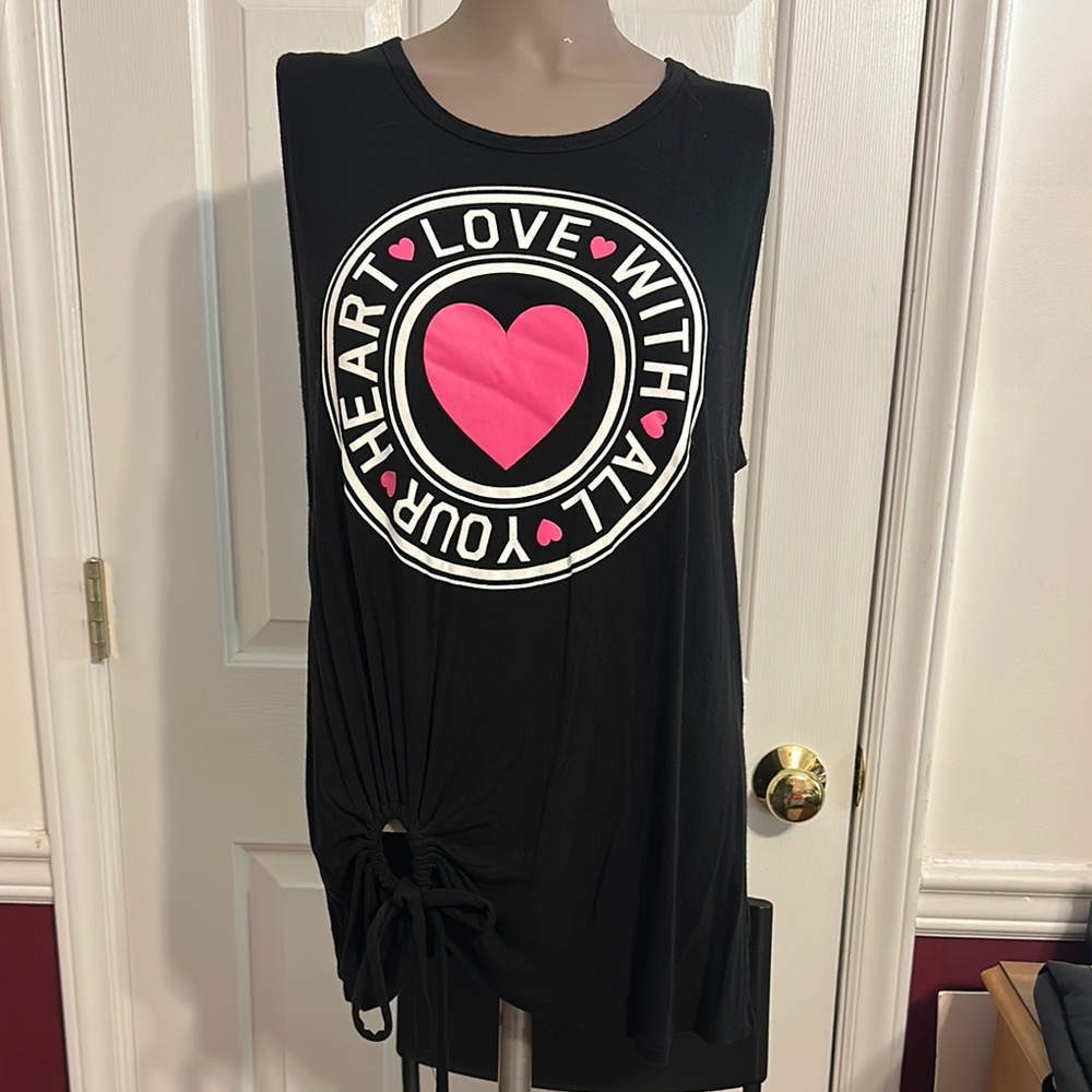No Boundaries Black Muscle Tee with Pink Graphic Tie Front